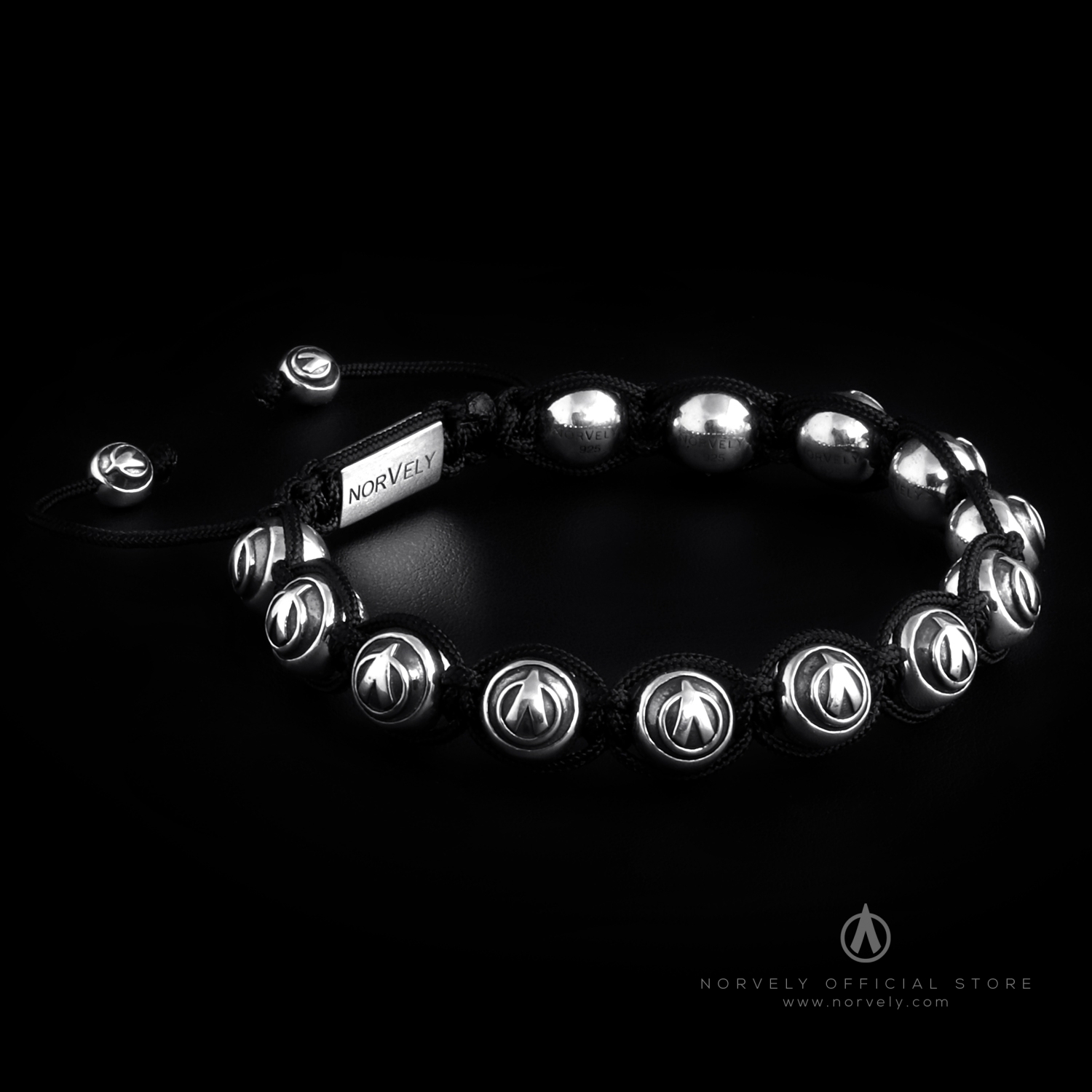 925 Sterling Silver Logo Ball & Black Cord 10mm Macrame Bracelet