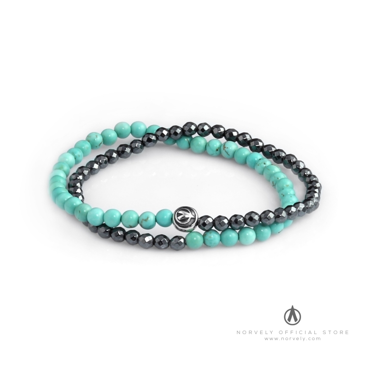 Sterling Silver Logo Ball - Hematite & Turquoise Stones 4mm Double Wrap Bracelet